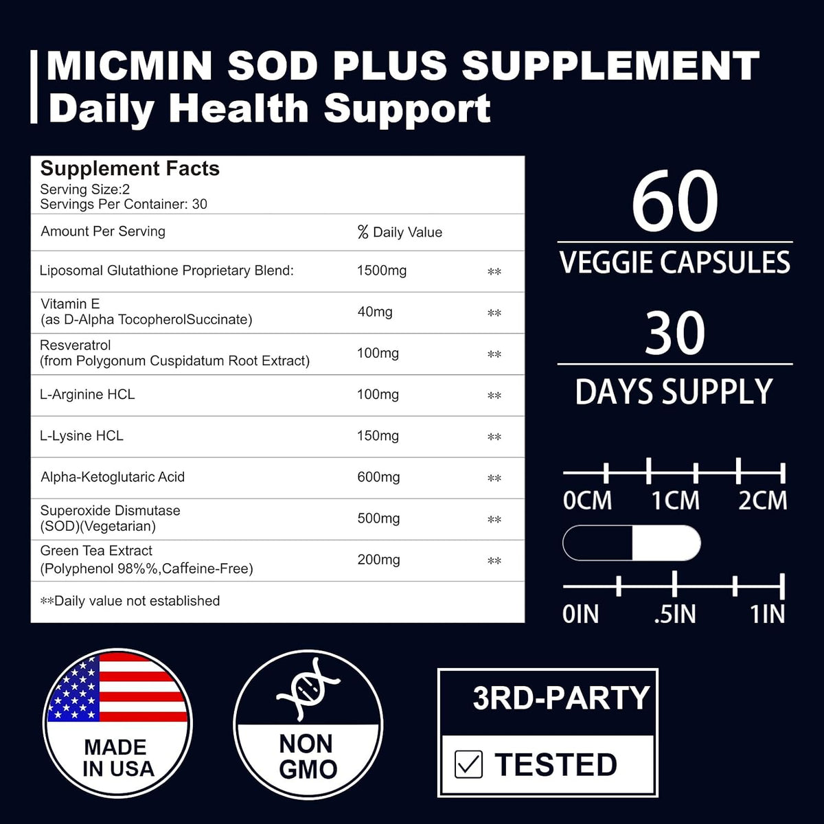 NICMIN SOD Plus 500 mg - Liposomal Superoxide Dismutase with Glutathione, AKG, Green Tea Extract, L-Arginine, Lysine, Resveratrol & Vitamin E - Antioxidant Supplement, 120 Capsules - görsel 2