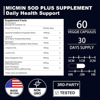 NICMIN SOD Plus 500 mg - Liposomal Superoxide Dismutase with Glutathione, AKG, Green Tea Extract, L-Arginine, Lysine, Resveratrol & Vitamin E - Antioxidant Supplement, 120 Capsules