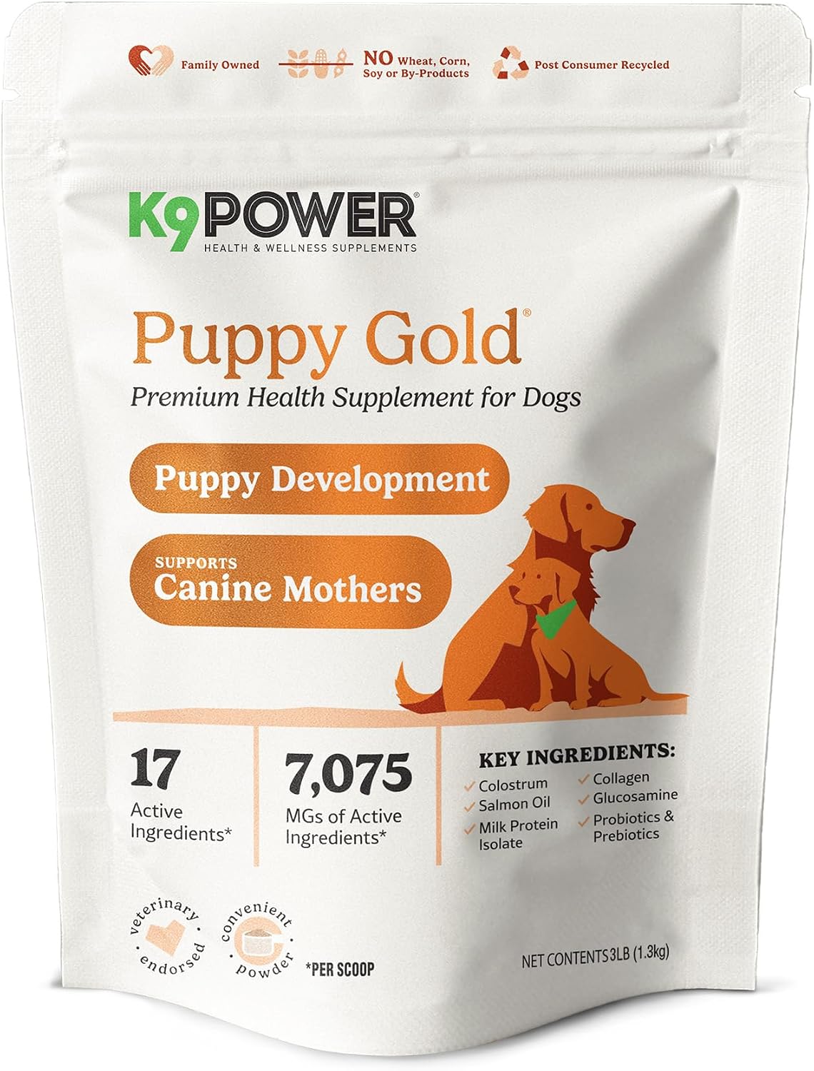 K9Power Puppy Gold 3lb – Puppy Supplement for Growth & Development – Also Supports Pregnant & Nursing Mothers – Colostrum, DHA, Glucosamine, Collagen, Probiotics, Creatine, Milk Protein, Salmon Oil - görsel 1
