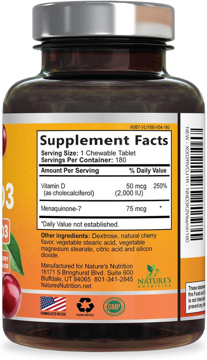 Nature's Nutrition Vitamin D3 K2 Supplement - 2000 IU D3 + 75 mcg MK-7 - Chewable, Berry Flavour - 180 Tablets