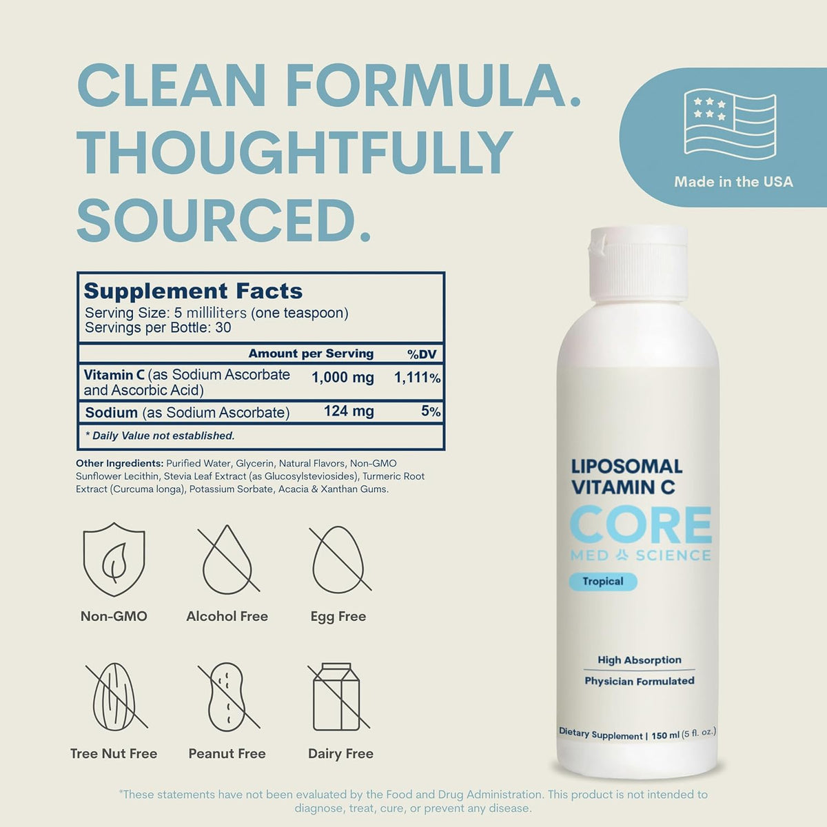 Core Med Science Liposomal Vitamin C Liquid 1000mg – Quali-C Ascorbic Acid, 150 ml (30 Servings) - görsel 3