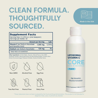 Core Med Science Liposomal Vitamin C Liquid 1000mg – Quali-C Ascorbic Acid, 150 ml (30 Servings)