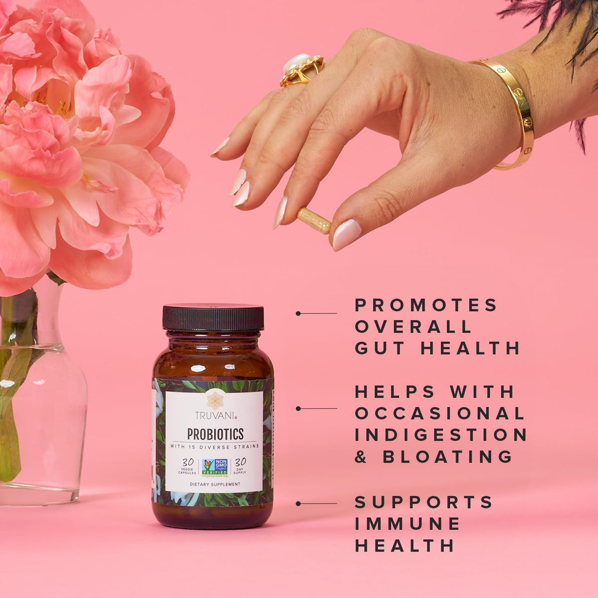 Truvani Probiotic Supplement | 30 Servings | 15 Billion CFU | 15 Diverse Strains | Shelf-Stable Vegan Capsules | Non-GMO, No Fillers - görsel 3