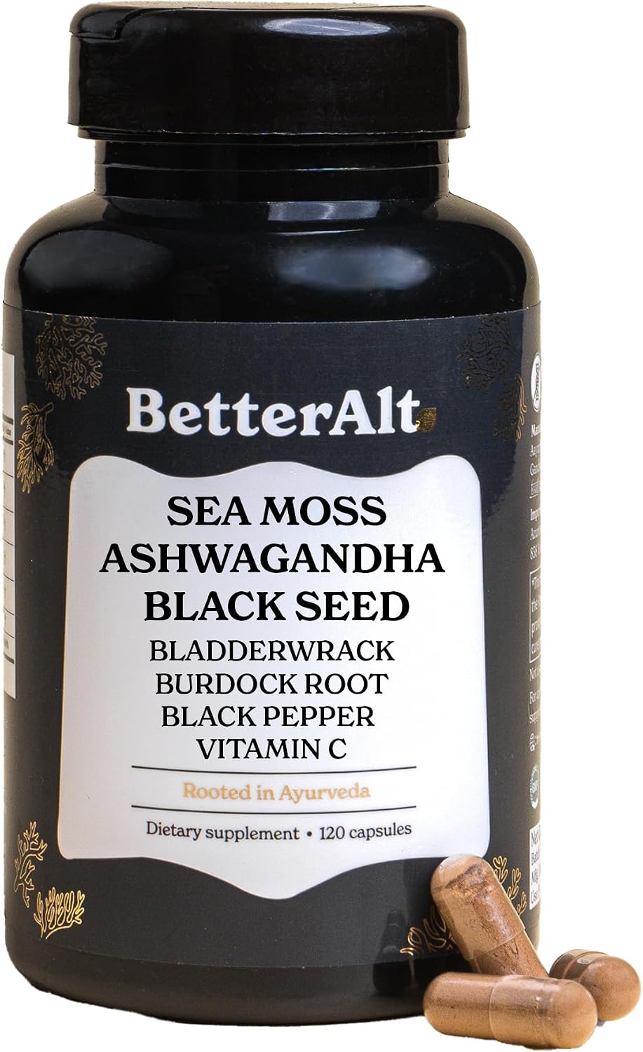 Better Alt Irish Sea Moss Supplement – 3000mg Sea Moss, 2000mg Black Seed Oil, 1000mg Ashwagandha, 1000mg Burdock Root, 1000mg Bladderwrack with Black Pepper & Vitamin C – 120 Capsules - görsel 1