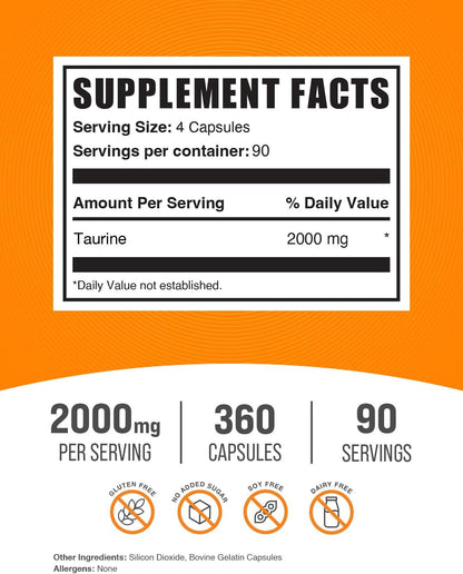 Taurine Capsules - 2000mg per Serving, 360 Capsules