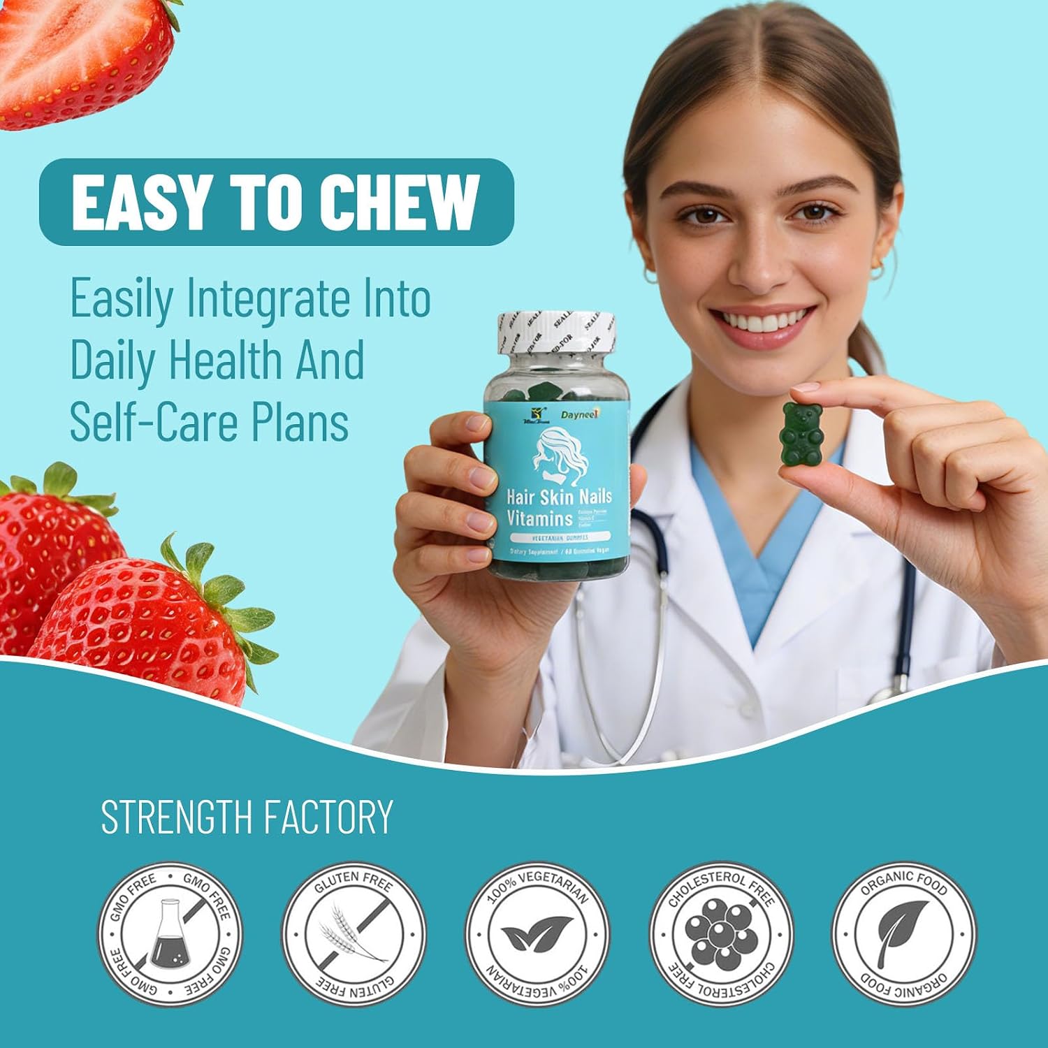 Hair Skin Nails Gummies – Strawberry, 60 Gummies - görsel 3