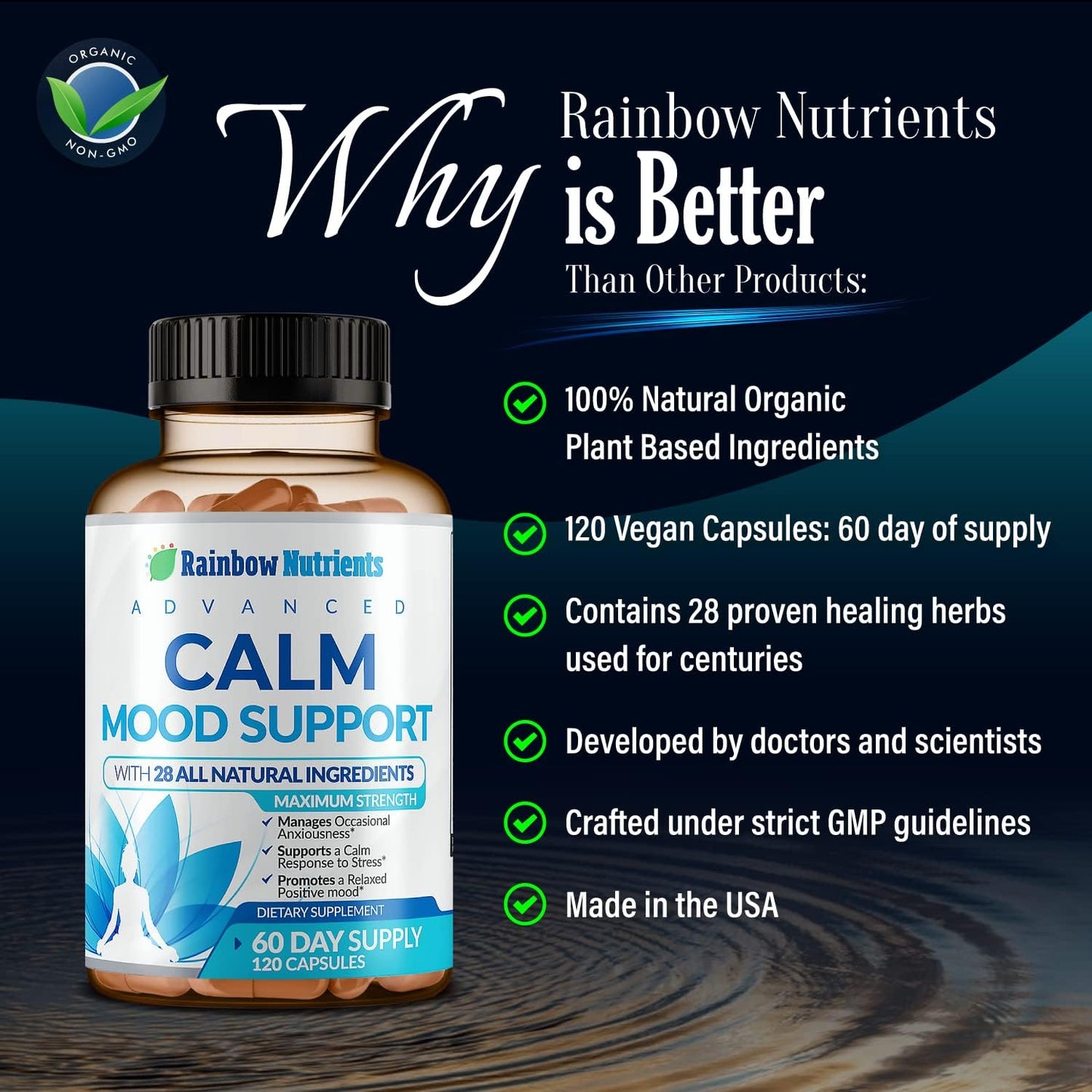 Rainbow Nutrients Calm Mood Support Supplement - 28 in 1 Natural Stress & Anxiety Support with Rhodiola, Ashwagandha, 5-HTP, GABA - 120 Vegan Capsules - görsel 6