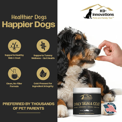 K9-Innovations - Daily Skin & Coat Dog Chews Salmon Flavour - Reduce Itching & Paw Chewing, Omega-3 & Vitamin C for Skin Health - 1-4 Month Supply (120 Chews)