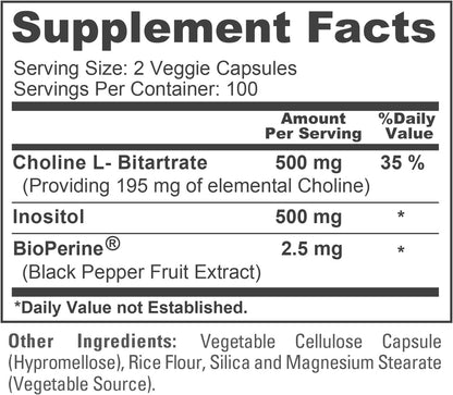 NusaPure Choline & Inositol - Suitable for Vegetarians and Vegans, Non-GM - 1000mg - 200 Vegan Capsules