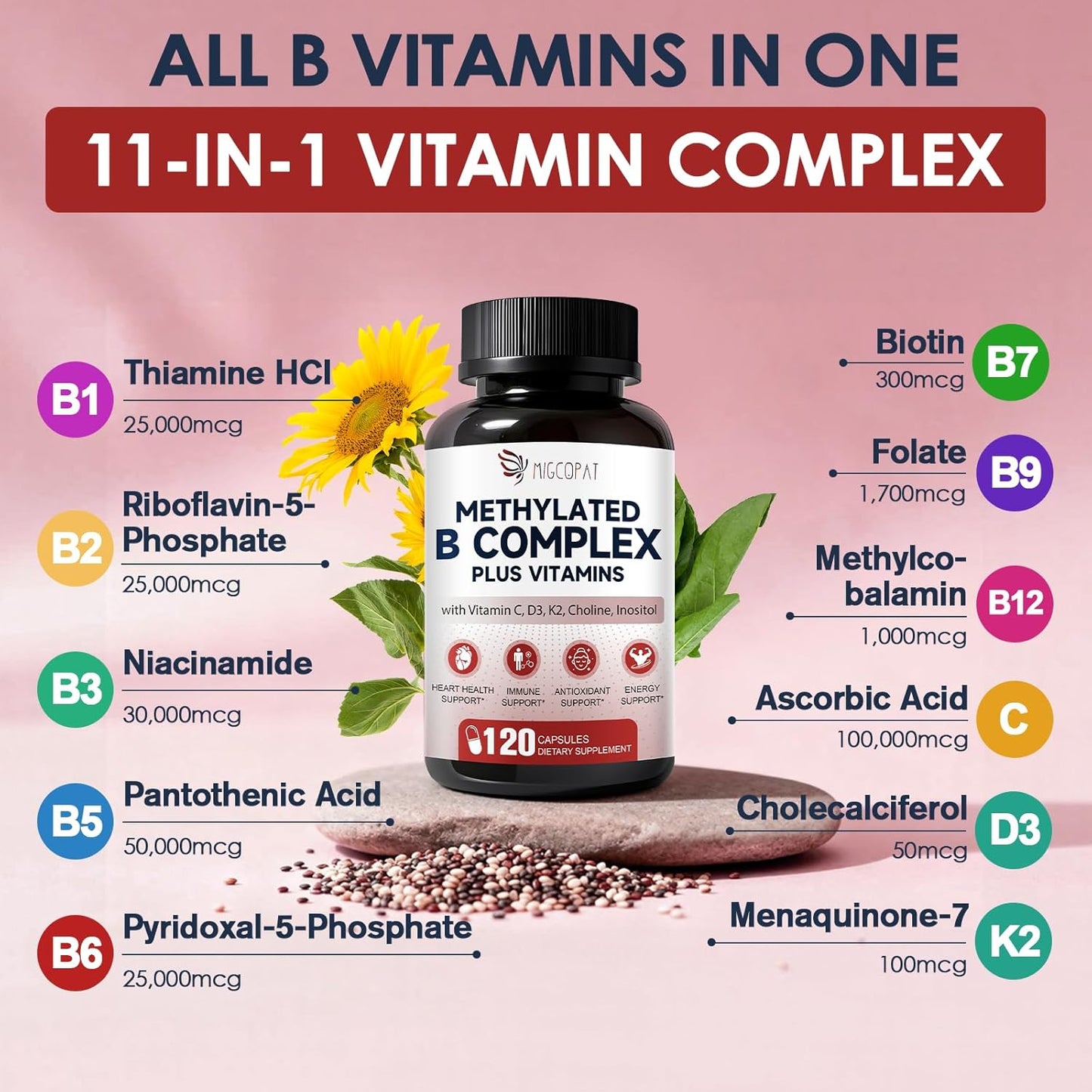 Migcopat 17-in-1 Methylated B Complex, 258,150 mcg Multivitamins, B12 Methylcobalamin, Methylfolate, Vitamin C, Vitamin D3 K2, CoQ10, Biotin, TMG, Methylated Multivitamin for Energy, Brain - 120 Capsules - görsel 4