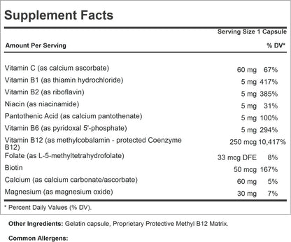 ANDREW LESSMAN Vitamin B12 250 180 Capsules – Absorption-Protected Methylcobalamin (Natural Coenzyme Vitamin B12), Essential for Energy and Nervous System Support, Plus B-Complex, Easy-to-Swallow Capsules