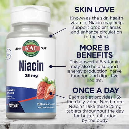 Kal 25 mcg Niacin Tablets, Strawberry, 200 Tablets