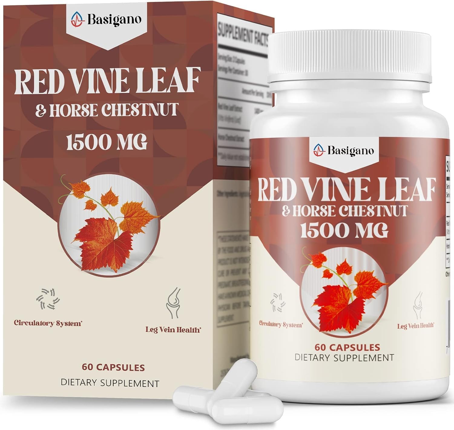 Basigano Red Vine Leaf & Horse Chestnut Extract Capsules 1500mg - Circulation, Vein, and Leg Support - görsel 1