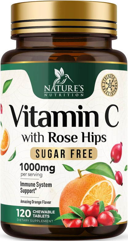 Vitamin C 1000mg Chewable Tablets with Rose Hips – Sugar Free, Orange Flavour – 120 Count