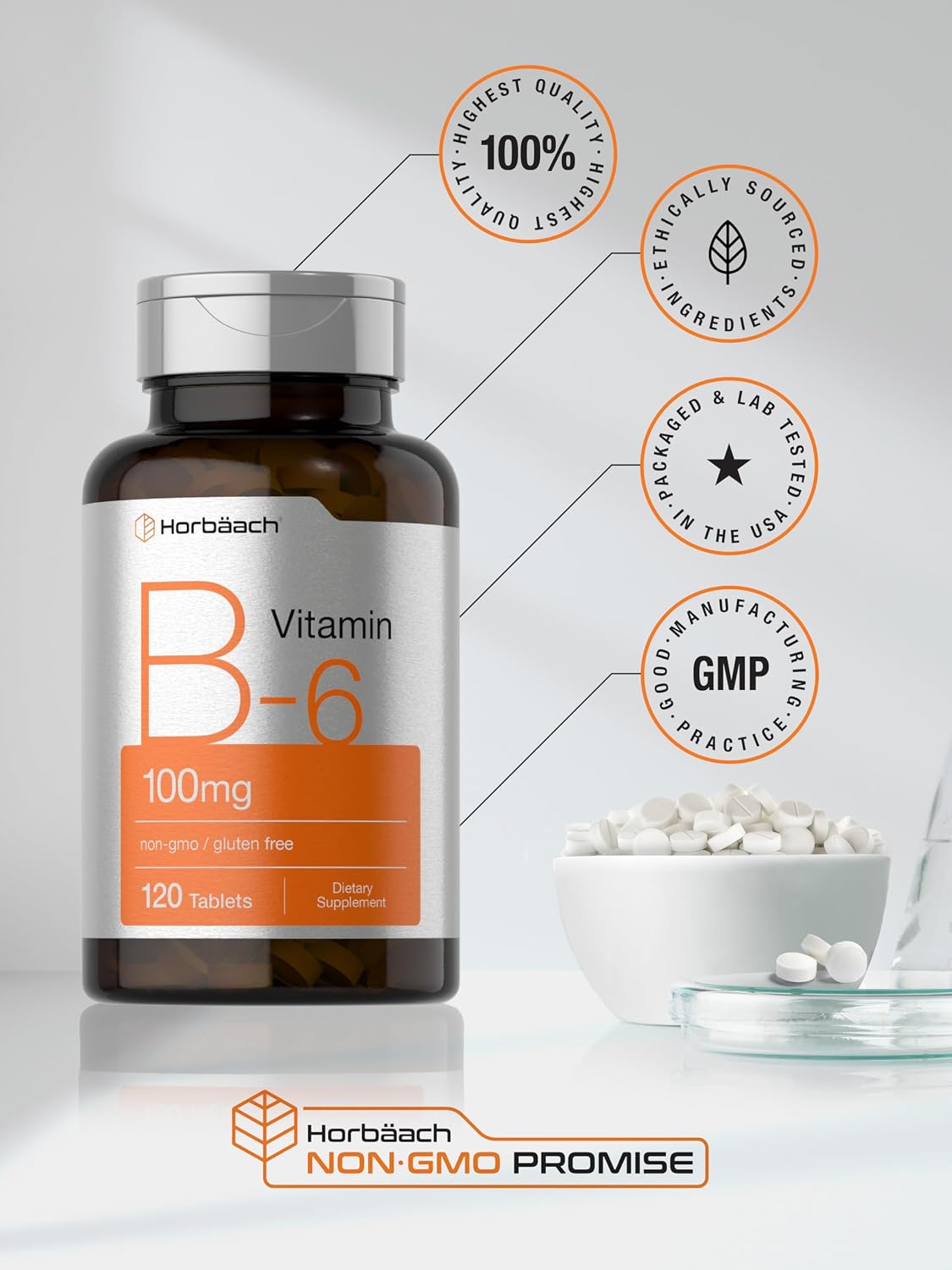 Horbaach Vitamin B6 100mg, 120 Tablets - Pyridoxine Hydrochloride - Vegetarian, Non-GMO and Gluten-free - görsel 6