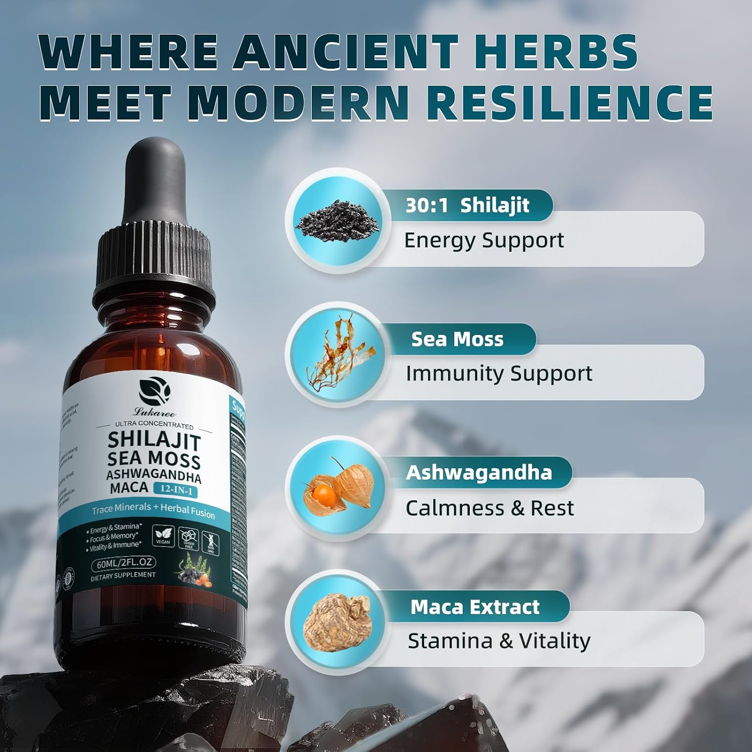 Shilajit Liquid Drops, 12-in-1 Complex - Sea Moss, Ashwagandha, Maca, Fulvic Acid, Trace Minerals, Liquid Multivitamin Supplement for Men and Women, Energy, Antioxidant, Immune Support, 60ml - görsel 4