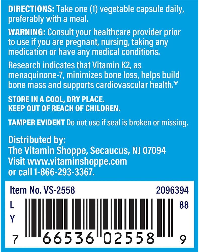 Vitamin Shoppe Vitamin K2 MK-7 100 mcg – Bone Maintenance & Calcium Regulation – 60 Vegan Capsules - görsel 3