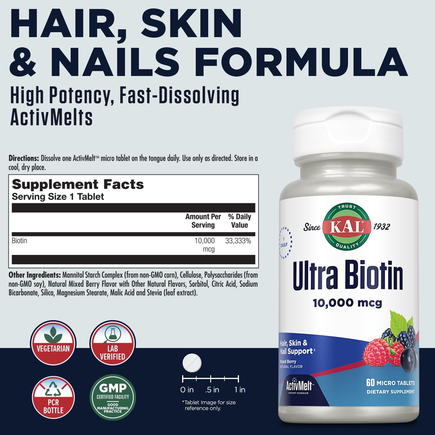 KAL Ultra Biotin 10000mcg - Biotin Hair Supplement for Women and Men - High Potency Vitamin B7 - Healthy Hair, Skin and Nails, Cellular Energy Support - Natural Berry Flavour - 60 Micro Tablets - görsel 2