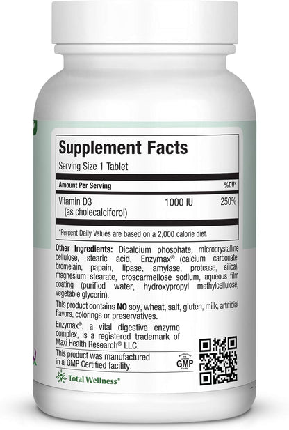 Maxi-Health Vitamin D3 1000 IU - for Healthy Muscle Function, Bone Health and Immune Support – 360 Tablets – Kosher Supplement