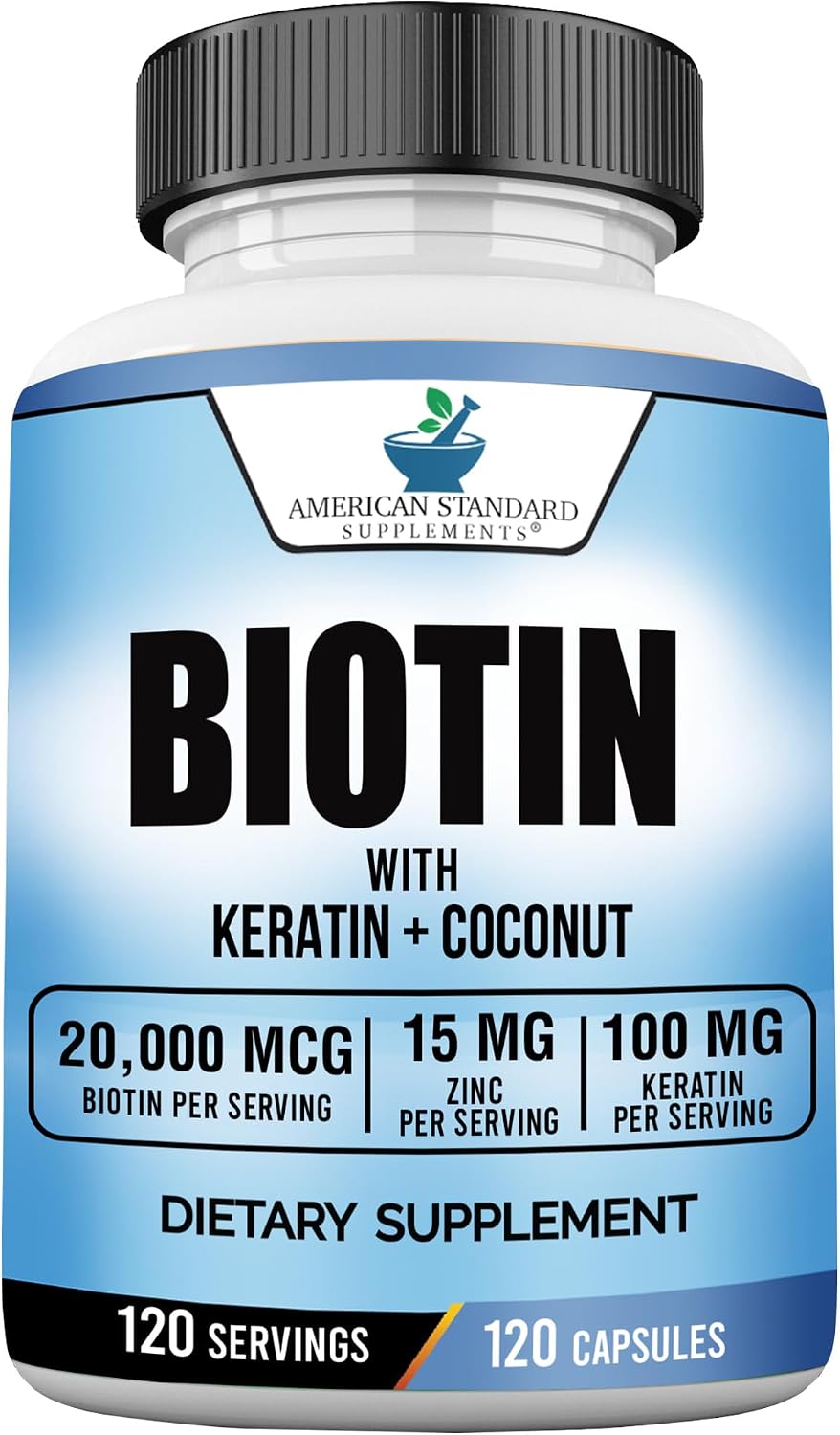 American Standard Supplements Biotin 20,000mcg with Keratin, Coconut & Zinc - 120 Veggie Capsules - görsel 1