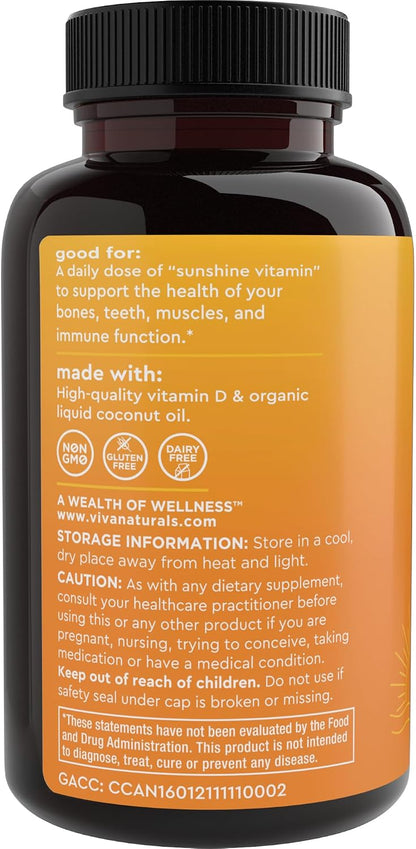 Viva Naturals Vitamin D3 5000 IU Softgels, 360 Count – For Bone & Immune Health