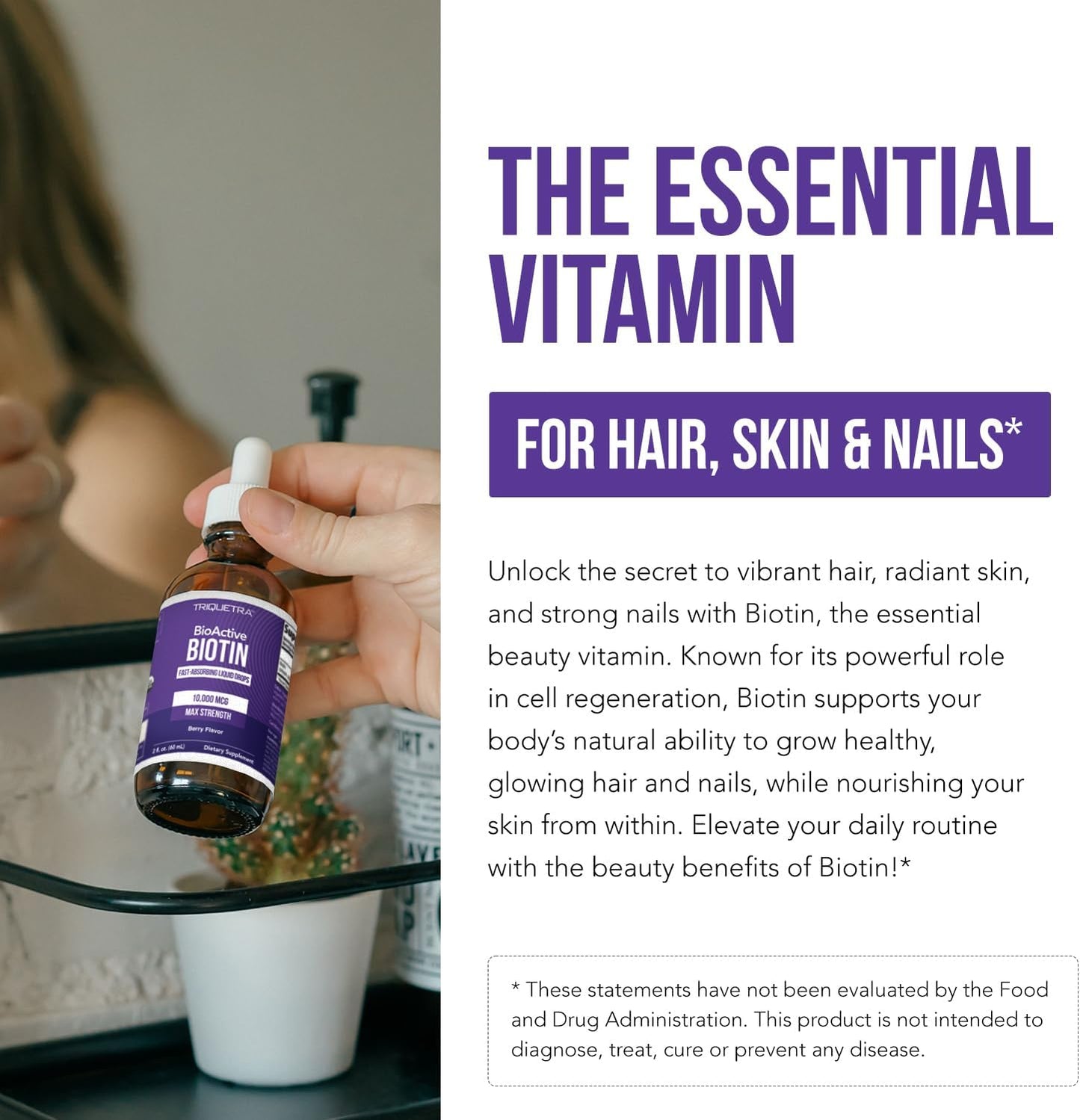 Liquid Biotin 10,000 mcg Drops for Women – Organic USP Grade – High-Absorption D-Biotin – Supports Healthy Hair, Skin & Nails – Natural Berry Flavour – 180 Servings - görsel 3
