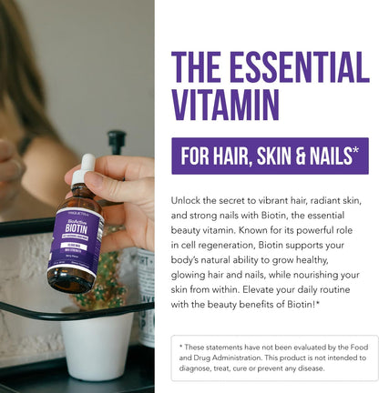 Liquid Biotin 10,000 mcg Drops for Women – Organic USP Grade – High-Absorption D-Biotin – Supports Healthy Hair, Skin & Nails – Natural Berry Flavour – 180 Servings