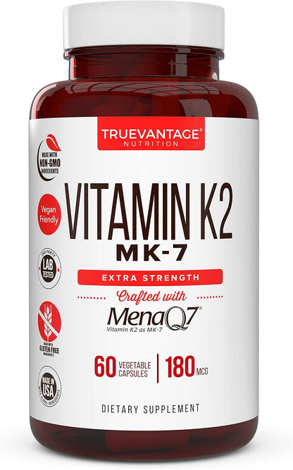Vitamin K2 MK-7 Supplement 180mcg – MenaQ7 for Bone Health & Normal Blood Clotting, 60 Veggie Capsules