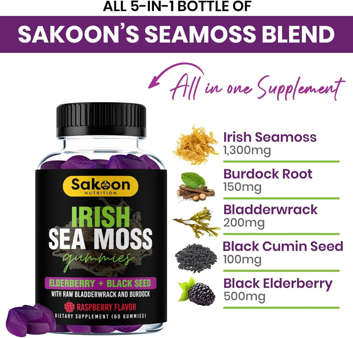 Irish Seamoss Gummies with Elderberry & Black Seed Oil, Bladderwrack - Raspberry, 60 Gummies - görsel 6