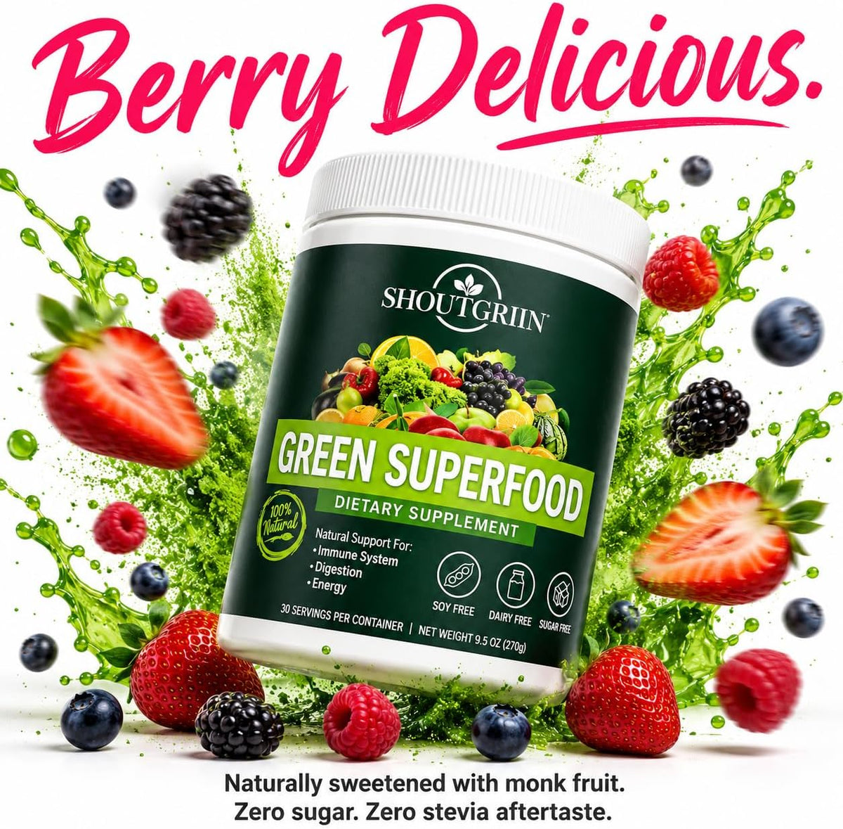 SHOUTGRIIN Green Superfood Powder – Organic Super Greens with 100 Billion CFU Probiotics & Digestive Enzymes - görsel 3