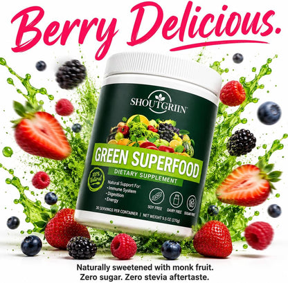 SHOUTGRIIN Green Superfood Powder – Organic Super Greens with 100 Billion CFU Probiotics & Digestive Enzymes