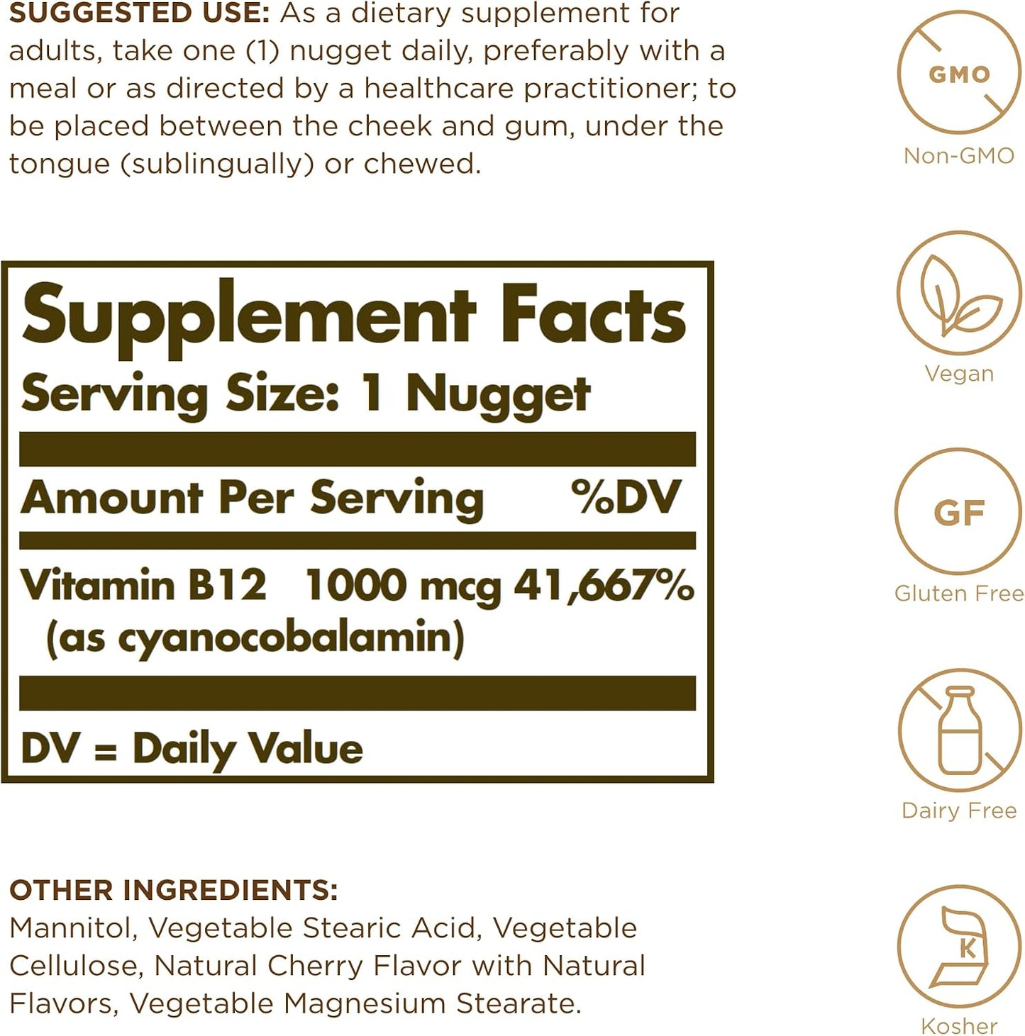 Solgar Sublingual Vitamin B12 1000 mcg, 100 Nuggets - Vegan, Non-GM, Gluten Free - görsel 2