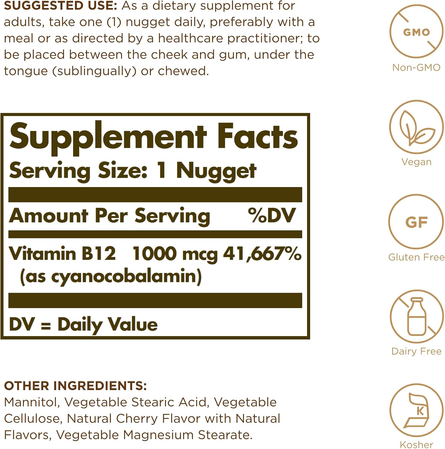 Solgar Sublingual Vitamin B12 1000 mcg, 100 Nuggets - Vegan, Non-GM, Gluten Free - görsel 2