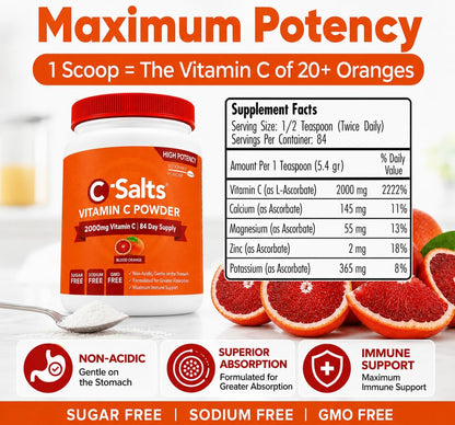 C-Salts Buffered Vitamin C Powder - Pure Organic, Stomach-Friendly Ascorbic Acid Vit C Drink for Daily Immune Support & Collagen Production - Vegan Non GMO Sugar Free - 272 Servings Blood Orange, 26oz (approx. 737g)