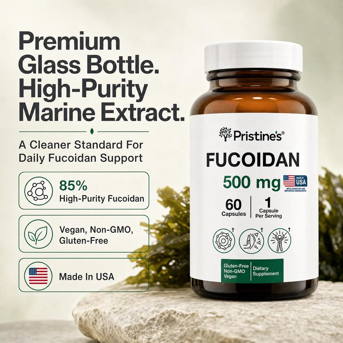 PRISTINE'S Fucoidan 500 mg Food Supplement Capsules – 60-Day Supply – Brown Seaweed Extract – Herbal Antioxidant for Respiratory and Skin Health Support - görsel 2
