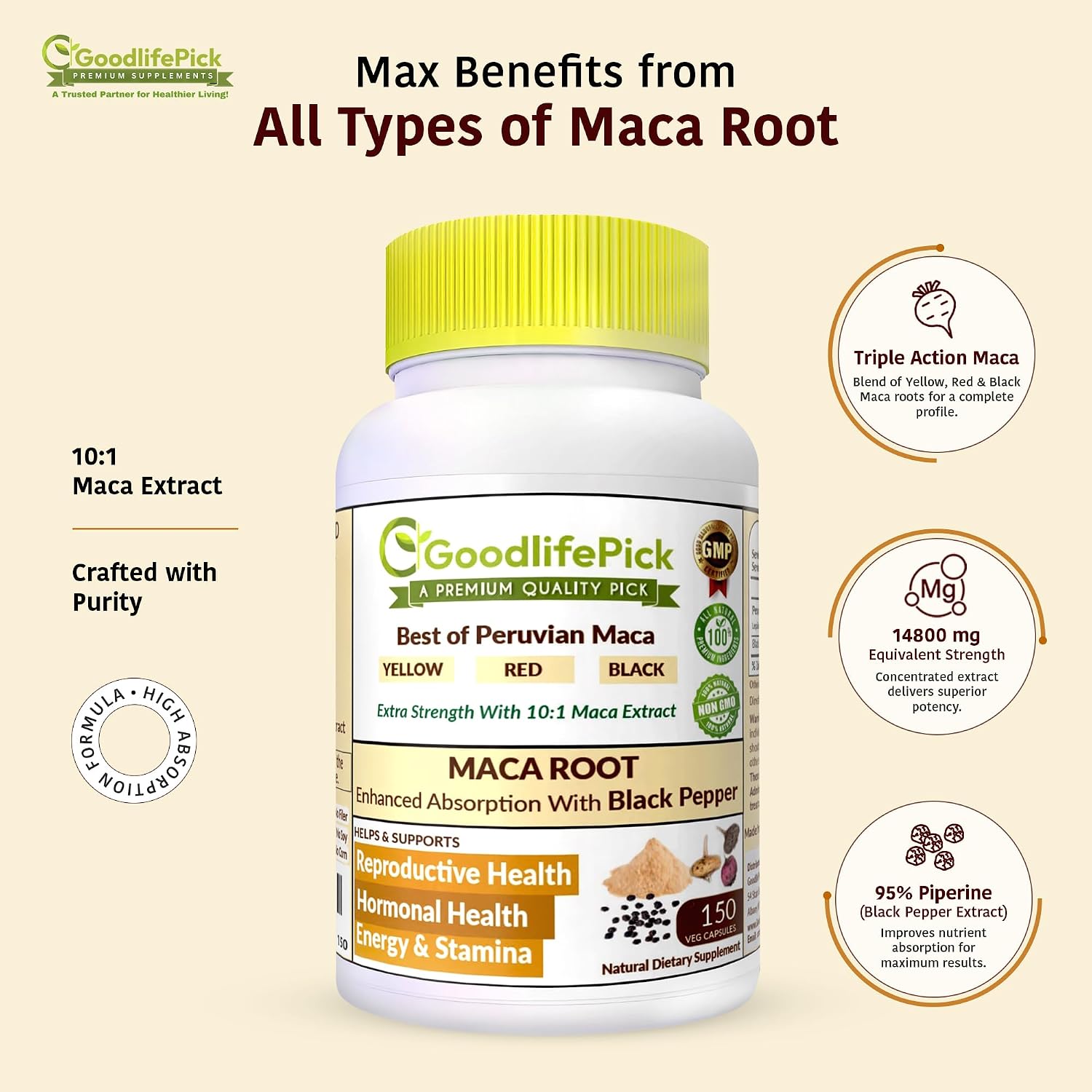 Peruvian Maca Root Capsules 150 Capsules - Powerful Maca Blend of Yellow, Red & Black Maca with Black Pepper - görsel 2