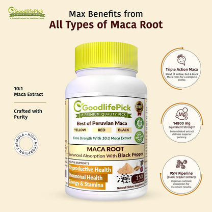 Peruvian Maca Root Capsules 150 Capsules - Powerful Maca Blend of Yellow, Red & Black Maca with Black Pepper