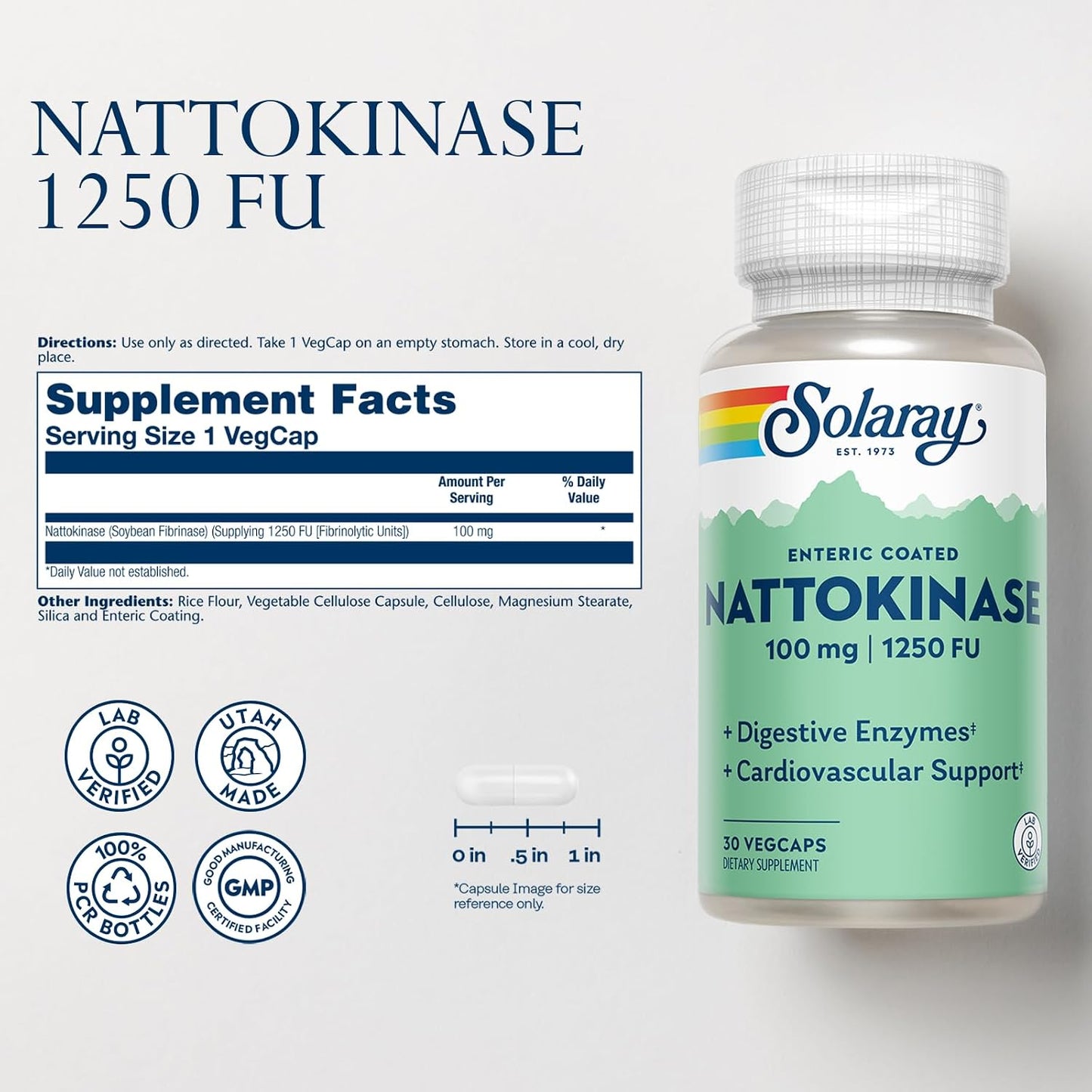 Solaray Nattokinase 1,250 FU Food Supplement – Enteric Coated, 30 Vegan Capsules - görsel 2