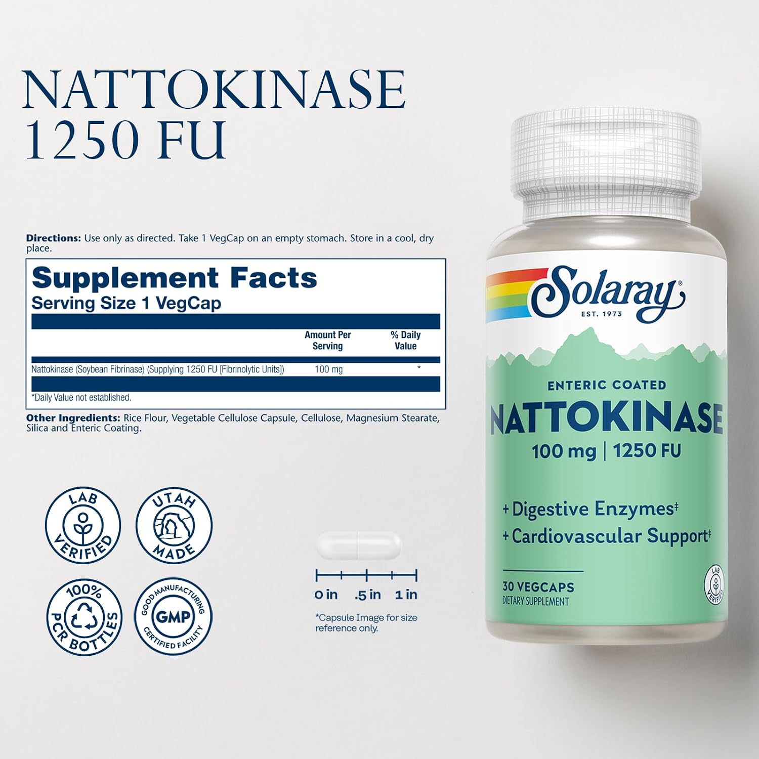 Solaray Nattokinase 1,250 FU Food Supplement – Enteric Coated, 30 Vegan Capsules - görsel 2