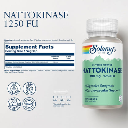 Solaray Nattokinase 1,250 FU Food Supplement – Enteric Coated, 30 Vegan Capsules