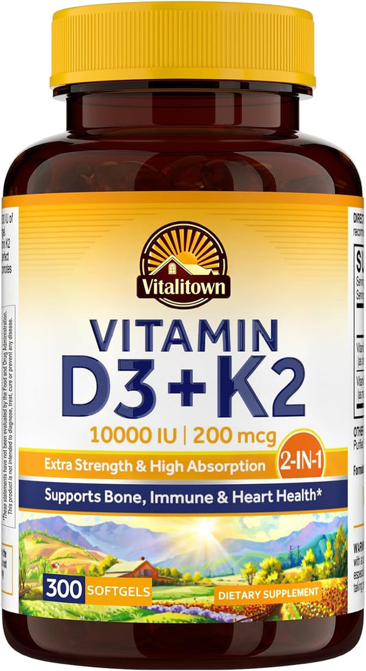 Vitalitown Vitamin D3 K2 Supplement, Vitamin D3 10000 IU Vitamin K2 (MK7) 200 mcg, 300 Softgels, Non-GM, Gluten and Soya Free, for Bone, Teeth, Immune and Heart Health