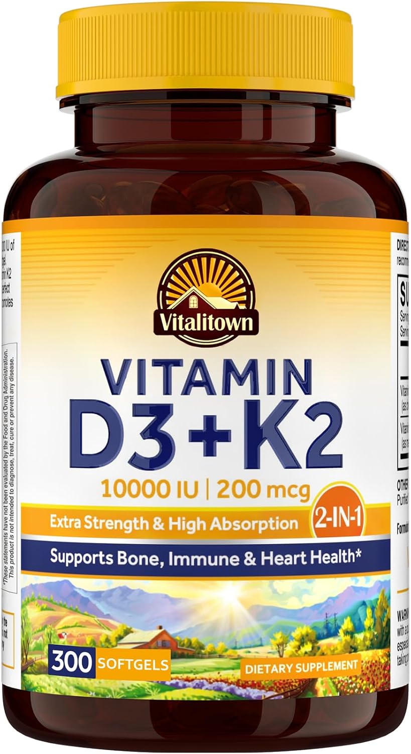 Vitalitown Vitamin D3 + K2 Supplement, 10000 IU D3 & 200 mcg K2 (MK-7), 180 Soft gel capsules (2-Pack) - görsel 10