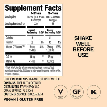 Vimergy Brain Body Recharge – Vitamin D3, K2 & CoQ10 Liquid Supplement (55mL)
