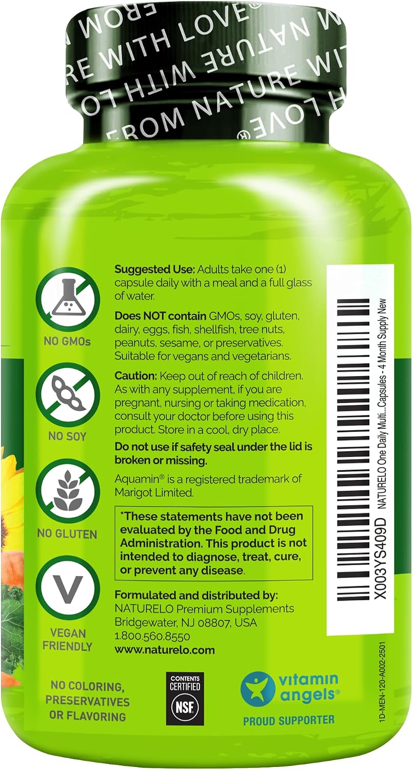 NATURELO Men's Multivitamin - One-a-Day with Vitamins, Minerals & Organic Whole Foods, Non-GMO, 120 Vegetarian Capsules - görsel 9