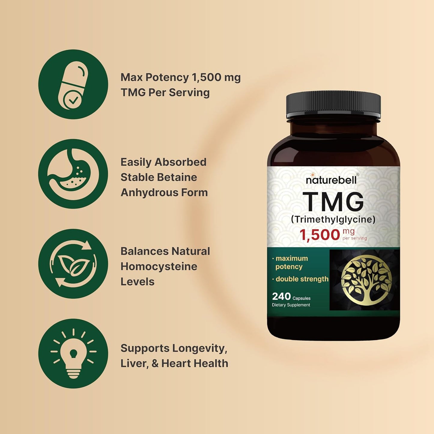 NatureBell TMG Supplements 1500mg, 240 Capsules – Max Strength Betaine Anhydrous Trimethylglycine – Supports Normal Homocysteine Metabolism, Heart & Liver Health – Non-GMO, Gluten-free - görsel 3