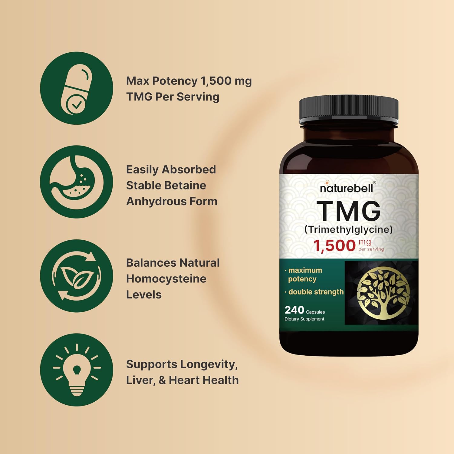 NatureBell TMG Supplements 1500mg, 240 Capsules – Max Strength Betaine Anhydrous Trimethylglycine – Supports Normal Homocysteine Metabolism, Heart & Liver Health – Non-GMO, Gluten-free - görsel 3