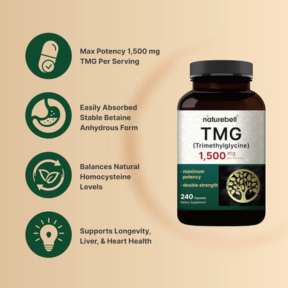 NatureBell TMG Supplements 1500mg, 240 Capsules – Max Strength Betaine Anhydrous Trimethylglycine – Supports Normal Homocysteine Metabolism, Heart & Liver Health – Non-GMO, Gluten-free