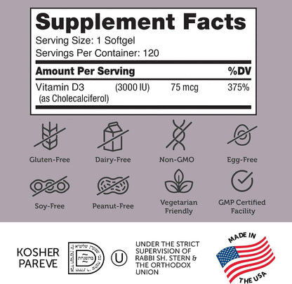 Zahler – Advanced Vitamin D3 3000 IU Softgels (120 Count) – Kosher Vegetarian Friendly Vitamin D for Immune Support, Bone, Teeth & Muscle Health