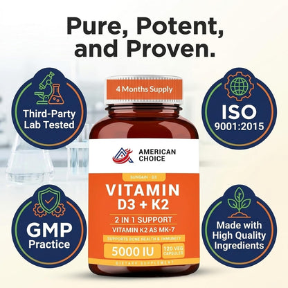 Vitamin D3 5000 IU – Enhanced Bone, Heart & Immune Support – Supports Calcium Absorption, Clean & Trusted Formula for Daily Wellness + Vitamin K2 (MK-7) 100 mcg – 120 Capsules