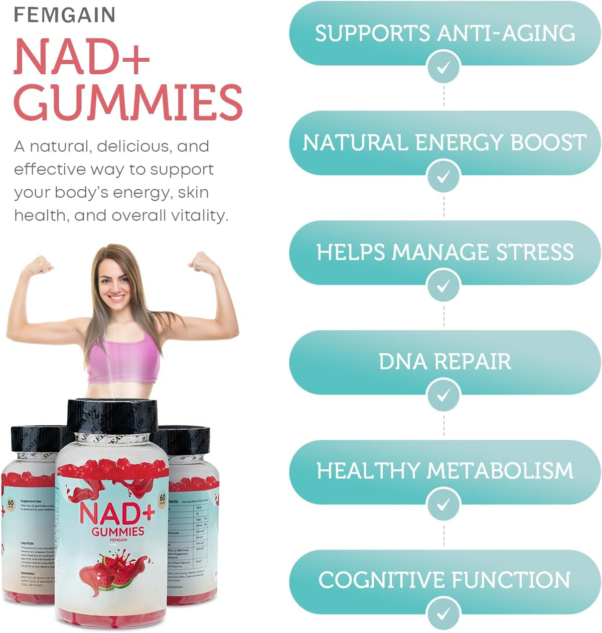 FEMGAIN NAD Gummies, 1000mg NAD+ Supplement - Sugar-Free Nicotinamide Riboside & Resveratrol, Watermelon Flavour – Image 4